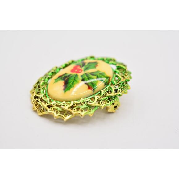 Tancer II Christmas Pin Brooch Holiday Red Berry Mistletoe Gold Signed BinAL - Picture 5 of 12